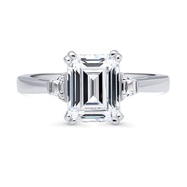 BERRICLE Sterling Silver 3-Stone Wedding Engagement Rings 2.6 Carat Emerald Cut Cubic Zirconia CZ Ring for Women, Rhodium Plated Size 5