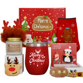 Makachen Christmas Wine Tumbler Set,Merry Christmas Gifts for Friends,Relaxing Bath Gifts Box Scented Candles Insulated Tumbler Mugs Gifts Set for Wife Mom Best Friend Red Sister