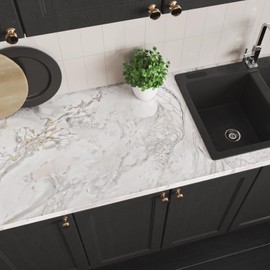 VEELIKE Glossy Cream Gold Marble Contact Paper for Countertops Peel and Stick Waterproof Kitchen Countertop Contact Paper 118''x32'' Wide Adhesive Marble Counter Top Stick Paper for Bathroom Desk Wall