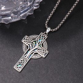 CRWENG Keltisches Kreuz Anhänger für Männer 925 Sterling Silber Baum des Lebens Halskette Wikinger Kreuz Halskette Amulett Schmuck Geschenk für Männer und Frauen (01)