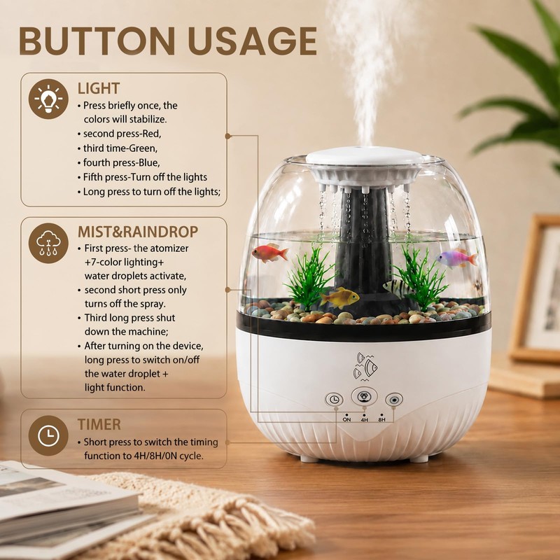 2026 Raindrop Humidifier 350ml Essential Oil Diffuser with Fish Tank