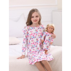 Bow Dream Toddler Girls Casual Dress and Matching American Girl Doll Clothes for Girls Cute Cartoon Kids Dress Party Birthday White Cat Size 120