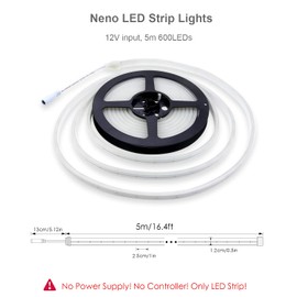 ALITOVE Neon LED Strip Lights Daylight White Rope Light 16.4ft 5m 600 LEDs 12V DC Waterproof for Bar Bedroom Wall Decor DIY Neon Signs【No Power Adapter & Controller】