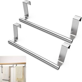 MeiyiZheng 2 PCS 23cm Stainless Kitchen Over Door Towel Rail, Silver Tea Towel Holder– Heavy Duty 10kg Capacity, No Drill Installation for Kitchen, Bathroom, Cabinet (Silver, 304 Stainless Steel)