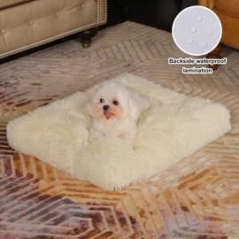 Bedfolks Waterproof Dog Crate Bed,Plush Dog Crate Pad with Removable Cover,Faux Fur Dog Bed for Small Dogs and Cats,Fluffy Washable Dog Kennel Bed 21"x13",Cream