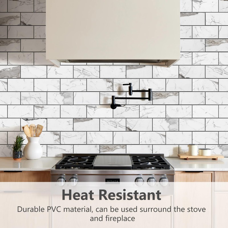 STICKGOO Subway Tile Peel and Stick Backsplash, Glossy White Marble
