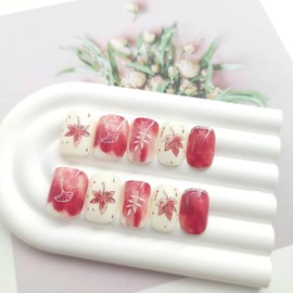 Autumn Press on Nails Short Square Fake Nails Silver Glitter French Tip Nails Press ons Glossy Glue on Nails Red Gradient False Nails with Maple Leaves Design Artificial Stick on Nails for Women 24Pcs