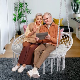 Homgava Hammock Chair Macrame Hanging Swing with Cushion,Hanging Cotton Ropes, Metal Frame, 450 lbs Capacity Indoor Outdoor, Patio, Balcony, Living,Deck, Yard, Garden(Double Swing)