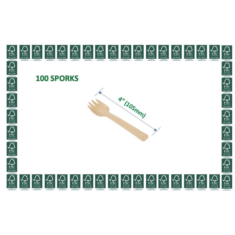 Enviroware 100 Small Wooden Sporks, Certified Birch Wood, 105mm. Excellent