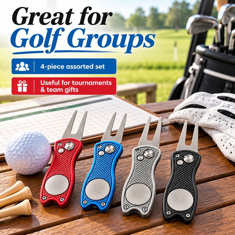 4 Pack Golf Divot Repair Tool Set - Foldable Metal