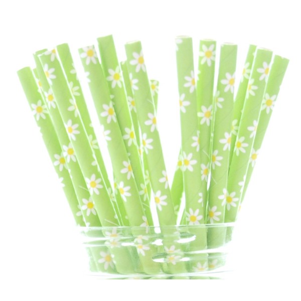 Green Daisy Flowers Straws (25 Pack) - Summer Daisies Flower Party Supplies, Green Floral Wedding Straws, Garden Party Straws