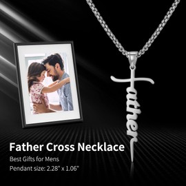 Fathers Day Necklace Gifts for Dad from Kids Wife, Father Cross Necklace for Men, Dad Birthday Jewelry from Daughters Sons, New Dad Gifts for Husband, Mens Christian Gifts Silver for Daddy Step Dad (Father-White Gold)