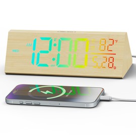 Haimiage Solid Wood Digital Alarm Clock for Bedroom - 8.8 Inch Large Display for Living Room, See Time Instantly! Multicolor Backlight Time Display, Dual Alarms, Date/Temp/Day, DST, Snooze (Bamboo)