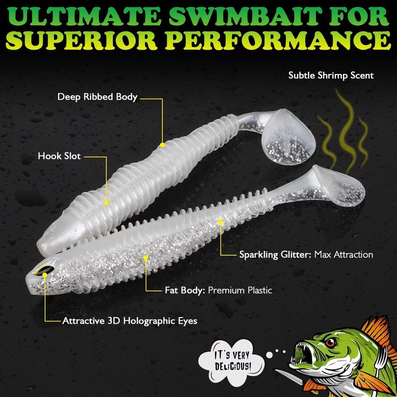 LUCKYFISHING Paddle Tail Swimbaits 16 PCS Fishing Lures Soft Plastic