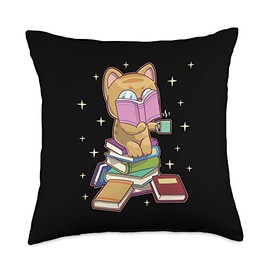 Reader Meowing Books Domestic Cute White Tea Drink Reading Cat Funny Book Lover Animals Kitten Smart Listen Fan Throw Pillow, 18x18, Multicolor