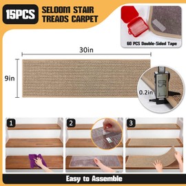 Seloom 9" x30" Stair Treads Non Slip Carpet for Wooden Steps Indoor, Peel and Stick Stair Tread Step Pads with Reusable Adhesive for Dogs Kids Elders, Machine Washable, 15 Pack, Beige