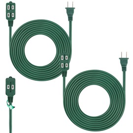15 Feet Green Extension Cord for Christmas Tree, 3 Outlet, 2 Prong, 16 Gauge Cable, 3 Receptacle Cube Tap, Indoor use (Pack of 2) - by Revpex