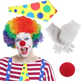 Fosoloni Pack of 5 Clown Costume Accessories, Clown Costume Men, Clown Curly Wig, Clown Nose, White Gloves, Colourful Tie, Clown Costume Accessory for Art Event, Carnival Costume Cosplay