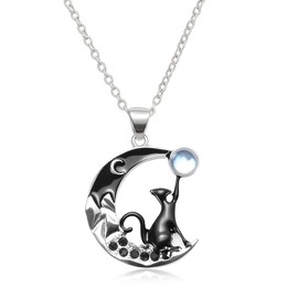Moonstone Black Cat Moon Pendant Necklace for Women - Silver Gothic Celestial Jewellery, Hypoallergenic Vintage Style Necklace, Perfect Gift for Cat Lovers