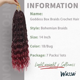 7 Packs Burgundy Crochet Box Braids Curly Ends 14 Inch Goddess Box Braids Crochet Hair 3X Bohemian Hippie Crochet Braids for Woman Red Braiding Hair, 1B/Bug
