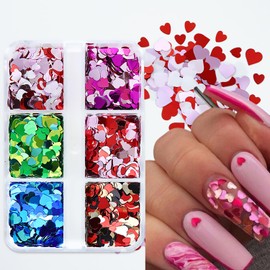 6 Grids Valentine's Day Nail Art Glitter Sequins 3D Holographic Mixed Heart Nail Glitter Flakes Romantic Nail Sequins Valentines Day Nail Decorations for Women Girls DIY Nail Supplies Accessories