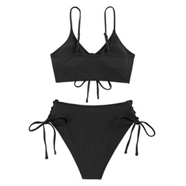 ZAFUL Women V Neck Drawstring Bikini Set Ruched Side Tie High Waisted Swimwear Lace up 2 Pieces Bathing Suit (Black, L)