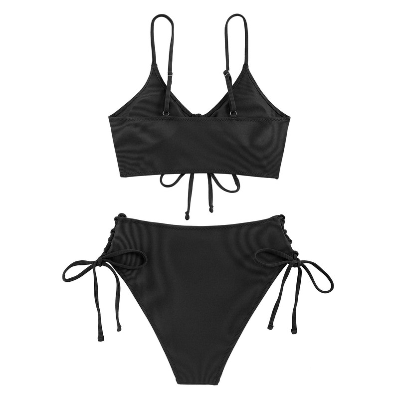 ZAFUL Women V Neck Drawstring Bikini Set Ruched Side Tie