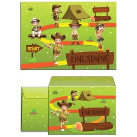 JuNa-Experten 12 Invitation Cards for Children's Birthday Party Jumge Girls Adventure Party / Treasure Hunt / Outdoor Includes 12 Envelopes, 12 Bags/Orange, 12 Stickers, 12 Bookmarks, 12 Pads