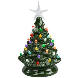 HOLIDAY PEAK Battery-Operated Vintage-Style Ceramic Christmas Tree, Nostalgic Holiday Décor, Green, 9" High