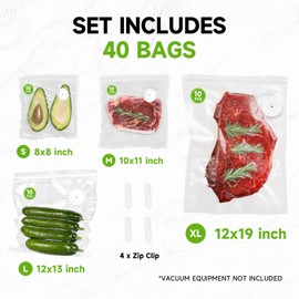 Vixino Vacuum Sealer Bags, 40 Reusable Vacuum Sealer Bags for Food, BPA-Free, Meal Prep and Sous Vide Cooking,Works for Handheld Sealer and Vac Sealer Machine with External Vacuum Systems