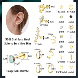 kakonia Titanium Stud Earrings for Sensitive Ears, Opal Cubic Zirconia Moonstone Onyx Cartilage Nap Earrings for Women Men, Hypoallergenic 20G Flat Back Earrings Round 4mm