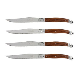 French Home Laguiole 4-Piece Steak Knife Set – Sophisticated Stainless Steel Dinner Knives with Wood Grain Handles & Iconic Bee Emblem – Serrated Knives for Smooth Cutting (9.25")