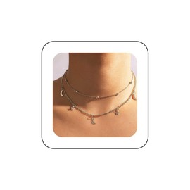 Allereya Vintage Layered Star Choker Necklace Gold Moon Star Necklace Heavenly Moon Necklace Chain Ball Chain Collar Necklace Star Dangle Necklace Jewellery for Women, Zinc