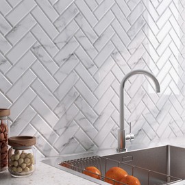LaCheery 18 Tiles 12"x12" Marble Herringbone Peel and Stick Backsplash White Herringbone Backsplash Tile for Kitchen Peel and Stick On Tile Backsplash for Kitchen Wall Stove Bathroom Sink Back Splash