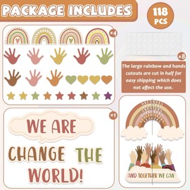 Lonfliness One World Together Classroom Decorations Boho Positive Rainbow Cutouts Motivational Bulletin Board Set Inspirational Classroom Wall Chalkboard Door Decor for Back to School Teacher Supplies
