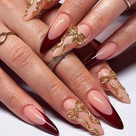 ANDGING French Tip Press on Nails Red Almond Medium Long Glue on Nails with 3D Gold Ribbon Designs Classy Full Cover Fake Nails for Women Wedding Acrylic Manicure False Stick on Nails 24 Pcs