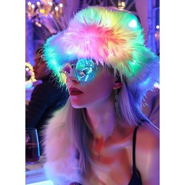 Wuwdysa Women Teen Warm Winter Hat Rainbow Fluffy Furry Plush Faux Fur Hats Smart LED Light Up Fishing Hat Bucket Hats, Rainbow