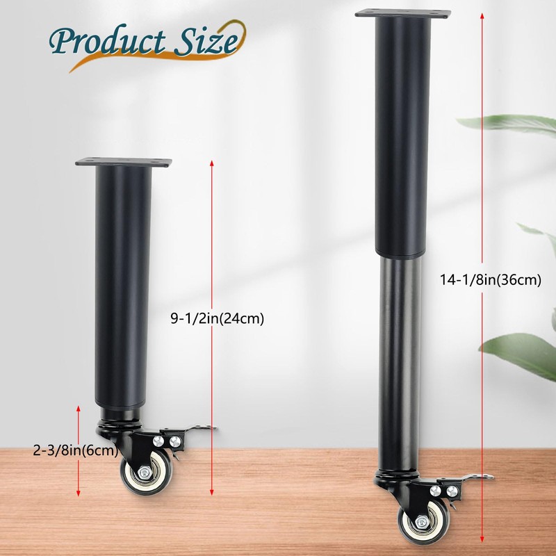 Adjustable Table Leg Extender 9.5"-14.1" w/ 360° Casters for Cabinets/Sofas