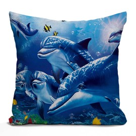 Tomda Blue Sea World Coral Dolphin Cotton Burlap Linen Cushion Cover Throw Pillow Case Sofa Outdoor Decorative Square 45x45cm 18x18 Inch