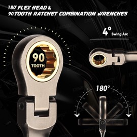 DISEN 90 Teeth Ratchet Wrenches Set 8 Pieces, Flex Head Ratcheting Wrench Set Metric 8 10 12 13 14 15 17 19MM, Nickel Plating Cr-V Constructed with Organizer Rack