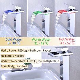 XIMLIKE LED Bathroom Faucet, Chrome Waterfall Bathroom Sink Faucet Tall Vessel 1 Hole Single Handle Brass with Hot and Cold Water Supply Hose