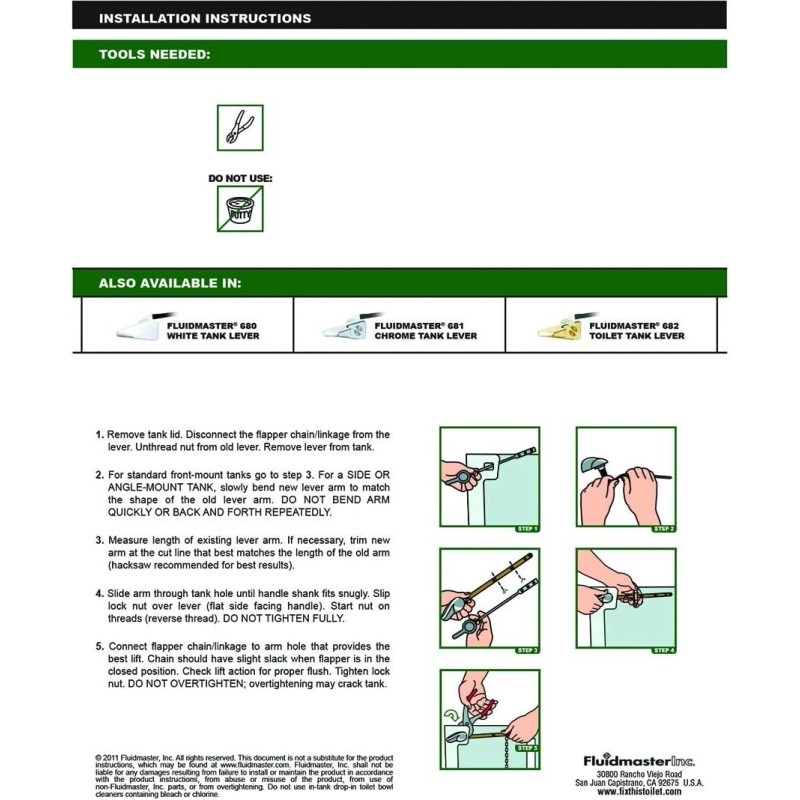 Fluidmaster 683 Universal White Toilet Tank Lever NEW!