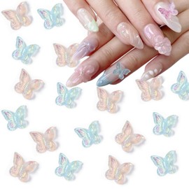 50Pcs Colourful Butterfly Nail Charms for Nails Bling Butterfly Nail Rhinestones 3D Aurora Crystal Butterfly Nail Gems Design Resin Nail Jewels for Women Girls DIY Acrylic Nail Decor Charms Supplies