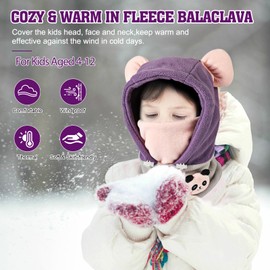 AYPOW Children's Winter Thermal Fleece Balaclava, Ski Hat Balaclava for Girls Cartoon, Children's Balaclava Ski Winter Boys Girls Hat, 3D Animal Face Cover, purple