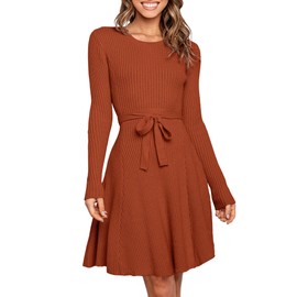 ANRABESS Women's Long Sleeve Midi Dress Crewneck Tie Waist A-Line Swing Casual Bodycon Ribbed Knit 2025 Fall Sweater Dress Rust Small