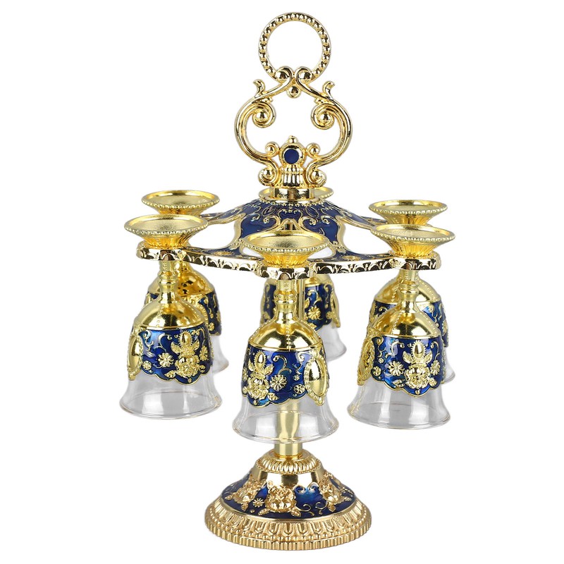 6Pcs Chinese Chalice Retro Style Zinc Alloy Glass Embossed Flower