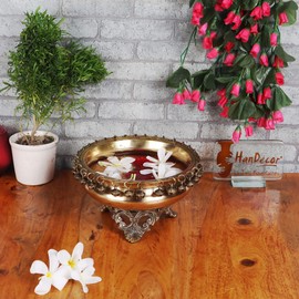 Two Moustaches Brass 8 Inch Urli Bowl on Ethnic Carved Legs, Decorative Bowl for Home Decor, Floating Flowers, Gifts for Housewarming, Pack of 1