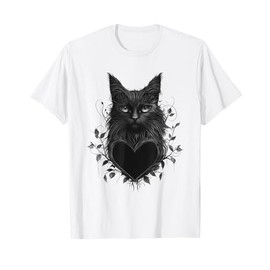 Gothic Style Maine Coon Cat Black Heart Valentines Day Cat T-Shirt