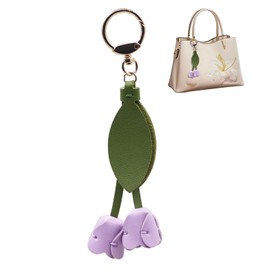 FengFaer Bag Charms for Handbags,Purse Charms, Tulip Flower Purse Keychain, Handmade Leather Leaf Flower Keychains for Women, Purple, 6.3in