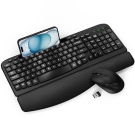 Wireless Keyboard and Mouse Combo, EAYBLLY Wave Keys Wireless Ergonomic Keyboard with Cushioned Wrist Rest, Phone Holder, 2.4GHz Silent Cordless Keyboard Mouse Set for Computer, Laptop, PC, Windows